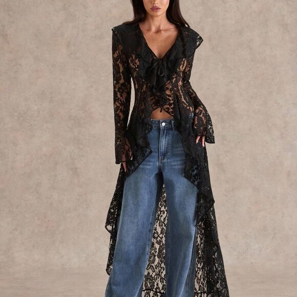 Black Elegant Women's Romantic Ruffled Lace Top Coat - Picture 5 of 7